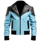 Men's Sky Blue and Black Genuine Sheepskin Lapel Collar Bomber Leather Jacket